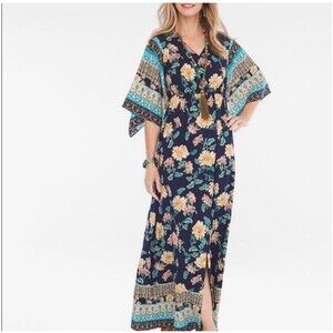 Chico's Floral Border Print Kimono Maxi Dress Navy Blue Size 1.5 / US 10